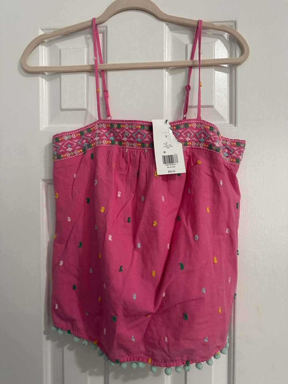 crown & ivy Pink Embroidered Pom-Pom Camisole